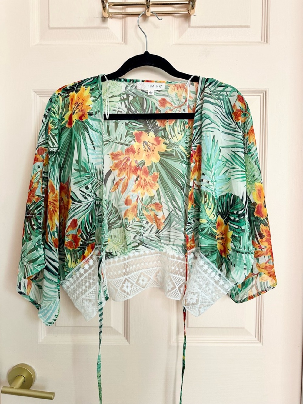 Tropical green timing kimono crop top